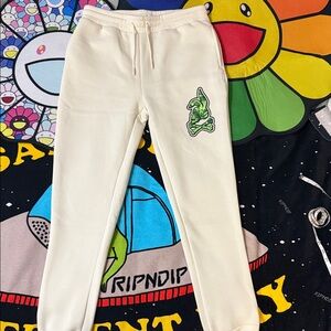 Crooks & Castles Cream Sweatpants with Green Bunny Patch - Medium